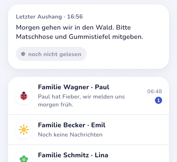 Nachrichten in der App: Aushang an alle Familien und eine Nachricht von Familie Wagner