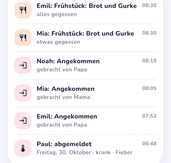 Tagesverlauf in der App: Frühstück, Ankünfte und eine Krankmeldung mit Uhrzeit